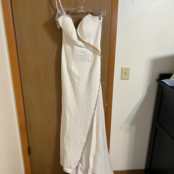 Sherri Hill White One Shoulder Dress with Silver Accents - Picture 2 of 9